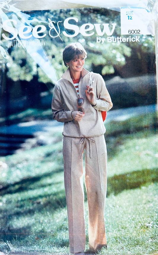 80s Blouson Pullover Tie Front Top w/ Wing Collar & Straight Leg Pants Vintage Sewing Pattern Butterick 6002