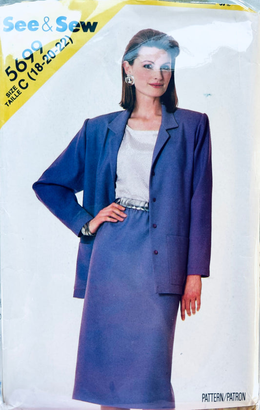 80s Straight Skirt Elastic Waist Power Suit w/ Pullover Top & Boxy Cardigan Jacket Vintage Plus Size Sewing Pattern See & Sew 5699 18 20 22