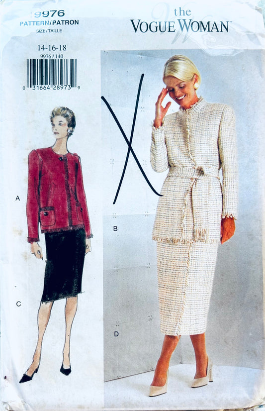 90s Womens Suit w/ Cardigan Jacket & Straight Skirt Plus Size Sewing Pattern Vogue 9976 14 16 18