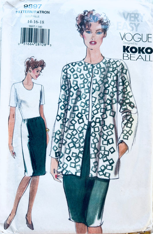 90s Womens Suit w/ Boxy Jacket Blouson Dress Koko Beall Designer Plus Size Easy Sewing Pattern Vogue 9897 14 16 18