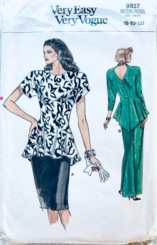 80s Peplum Top 2 Piece Dress Dress w/ Deep V Back in 2 Lengths Sleeve Maxi Skirt Evening Gown Variations Easy Petite Vintage Sewing Pattern Vogue 9337 8 10 12