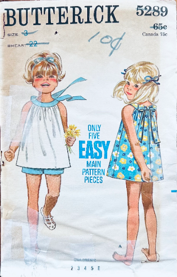 60s EASY Toddler Girls Shorts & Ring Collar Dress or Top Beginner Sewing Pattern Butterick 5289 Size 3