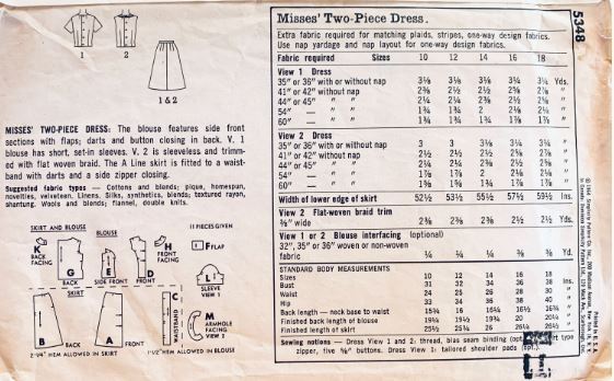60s Womens Two Piece Dress w/ Short Sleeves or Sleeveless Top A Line Knee Length Skirt Petite Vintager Sewing Pattern Simplicity 5348 B32