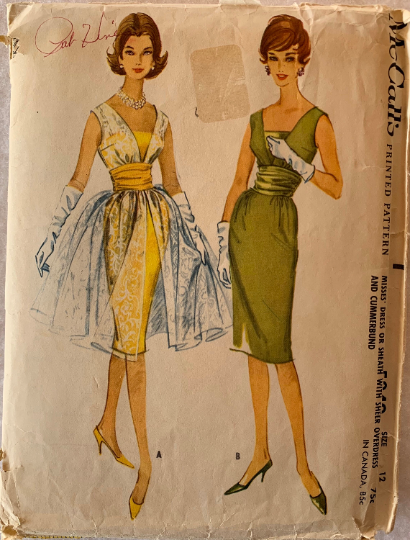 60s Sexy Cummerbund Waist Wiggle Cocktail Dress w/ Overskirt Petite Vintage Sewing Pattern McCalls 5349 B32