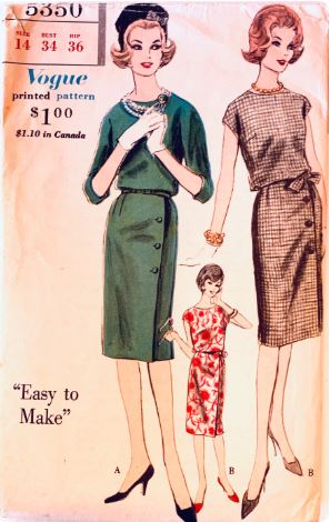 60s Asymmetrical Sheath Dress Blouson Button Accent EASY Vintage Vogue Sewing Pattern 5350 B34