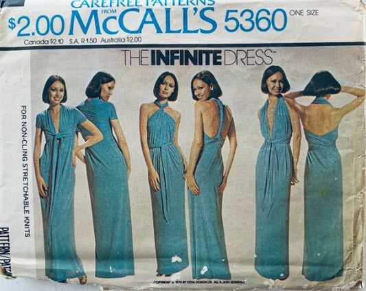 70s Disco Infinite Maxi Backless Halter Dress Vintage Sewing Pattern McCalls 5360 One Size
