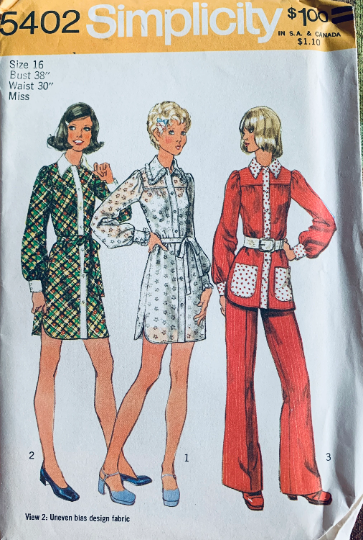 70s Button Front Mini Shirt Dress Tunic Top Flared Pants Pant Suit Pantsuit Plus Size Vintage Sewing Pattern Simplicity 5402 B38