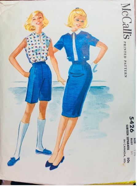 60s Bermuda Shorts Sleeveless Blouse Fitted Pencil Skirt & Jacket Separates Wounded Bird Vintage Sewing Pattern McCalls 5426  B34