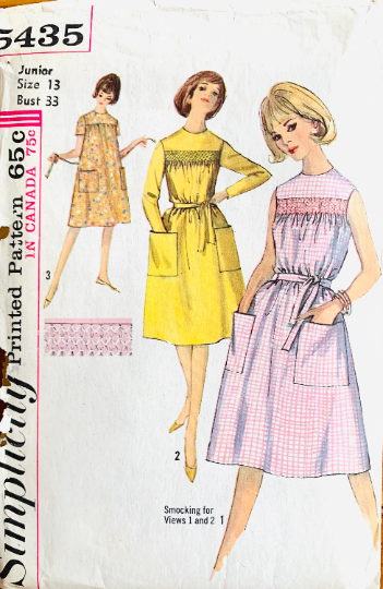60s Smocked Dress Sleeveless Long Sleeve Tent Trapeze Summer Dress Chicken Scratch Smocking Pattern Vintage Sewing Pattern Simplicity 5435 B33