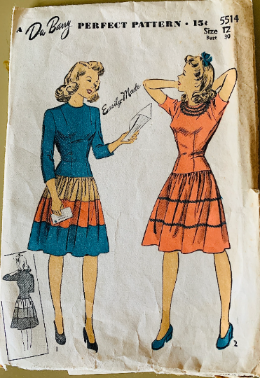 40s Tiered Skirt Fit N Flare Drop Waist Dress Petite Vintage Sewing Pattern Dubarry 5514  B30
