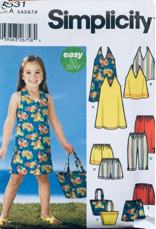 Girls Toddlers Halter Sundress Summer Dres Shorts Top Skort Tote Bag Purse Bucket Hat Easy Sewing Pattern Simplicity 5531  Size 3-8
