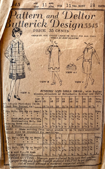1920s Junior Girls Straight Dress w/ Castle Hem Pockets Sleeve Options & Peter Pan Collar Vintage Sewing Pattern Butterick 5545 B28