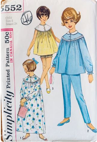 60s Girls Pajamas 2 Piece Pajama Set Winter PJs Sleepwear Vintage Sewing Pattern Simplicity 5552 Size 6 (Copy)