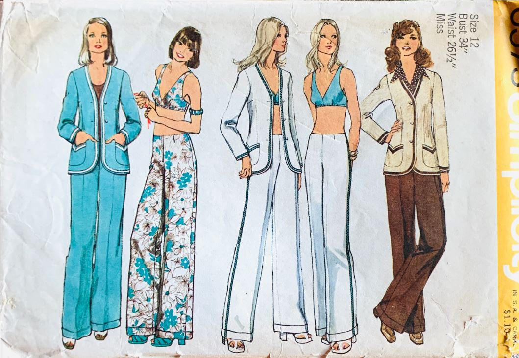 70s Bra Top Tailored Jacket Straight Wide Leg Pants Women's Suit Pattern Vintage Sewing Pattern Simplicity 5573 B34