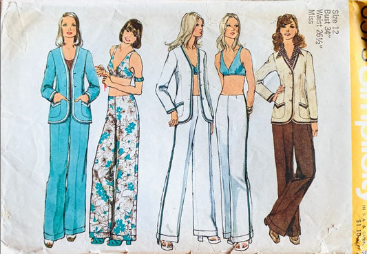 70s Bra Top Tailored Jacket Straight Wide Leg Pants Women's Suit Pattern Vintage Sewing Pattern Simplicity 5573 B34