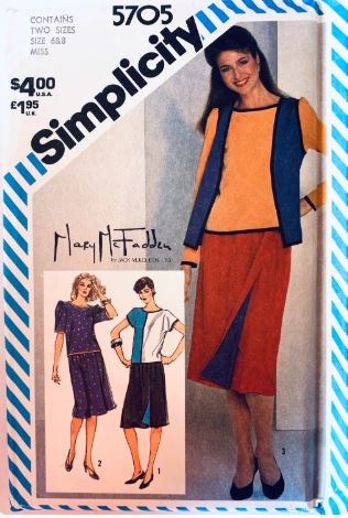 80s Drop Waist Colorblock Pullover Top Skirt & Vest Mary McFadden Designer Sewing Pattern Simplicity 5705 30 32