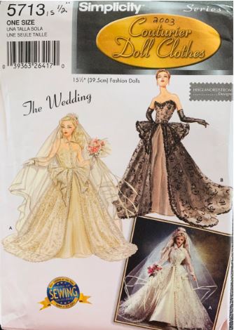 Couturier Doll Clothes Pattern for 15 1/2 Fashion Dollar Wedding Dress Bridal Gown Heigl Nordstrom Vintage Sewing Pattern Simplicity 5713