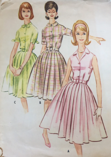 60s Sleeveless Shirtwaist Short Sleeve Box Pleat Fit N Flare Lucy Style Dress Petite Vintage Sewing Pattern McCall's 5774 B32