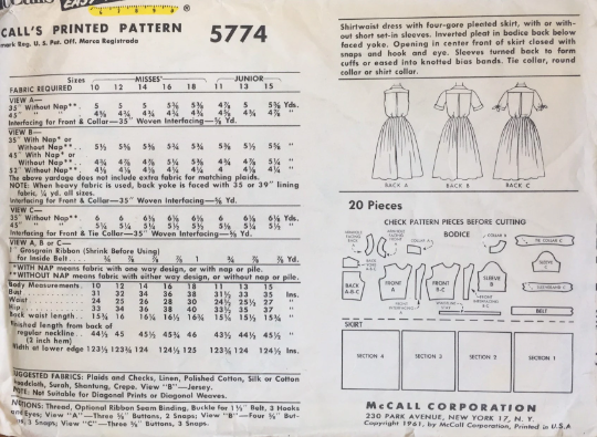 60s Sleeveless Shirtwaist Short Sleeve Box Pleat Fit N Flare Lucy Style Dress Petite Vintage Sewing Pattern McCall's 5774 B32