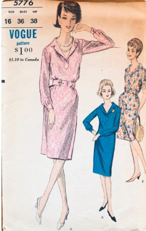 50s Womens Straight Sheath Day Dress w/ Collar Interest Vintage Sewing Pattern Vogue 5776 B36