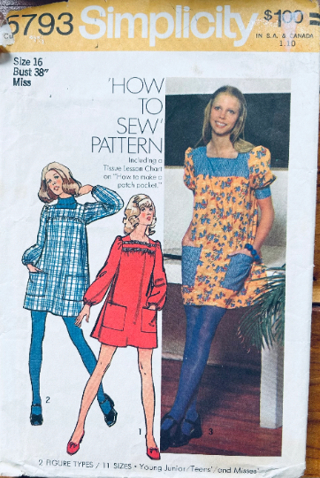 70s Smock Jumper Dress w/ Pockets Easy Learn to Sew Plus Size Sewing Pattern Simplicity 5793 B38