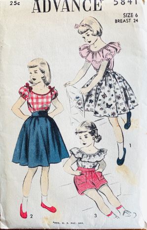 Girls Ruffled Peasant Top Blouse Skirt & Shorts with Pockets Vintage Sewing Pattern Advance 5841 Size 6