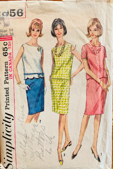 60s Two Piece Womens Summer Suit Sleeveless or Short Sleeve Scalloped Hem Straight Skirt Sewing Pattern Simplicity 5956 B34