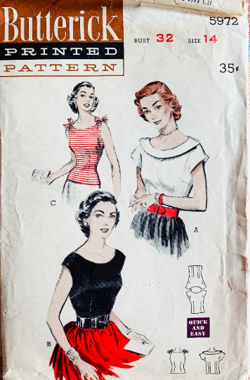 50s Bateau Neck Sleeveless Fitted Rockabilly Tie Shoulder Blouse Top Petite Sewing Pattern Butterick 5972 B32