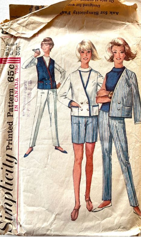 60s Preppy Junior Separates Skinny Pants Shorts Sleeveless Vest Cropped Jacket Pockets Blouse Roll Collar Vintage Sewing pattern Simplicity 5976 B35