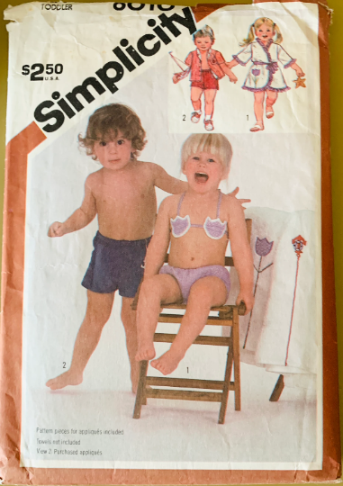 Toddler Bikini Two Piece Swimsuit Swim Trunks & Coverup Robe Vintage Sewing Pattern Simplicity 6010 Size 2