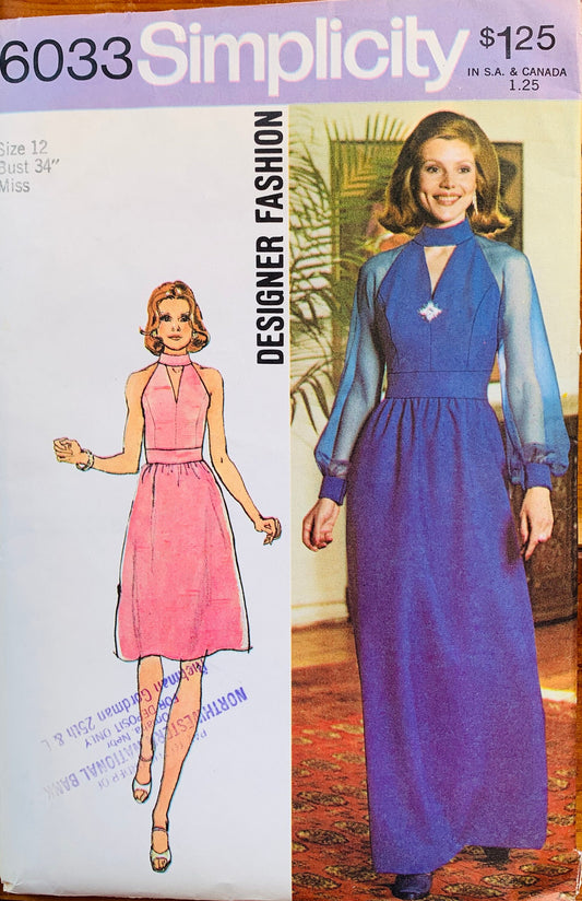 70s Peekaboo Keyhole Neckline Evening Gown Halter Look Dress Vintage Sewing Pattern Simplicity 6033 B34