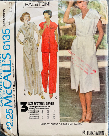 70s Maxi Button Front Coat Dress Cap Sleeves & Pockets Pants Tunic Top Designer Halston Petite Wounded Bird Vintage Sewing Pattern McCalls 6135 B31-32
