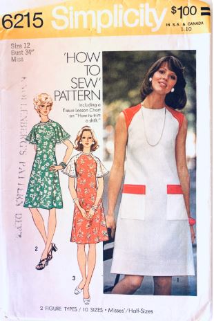 70s Ladies Sleeveless Shift Dress Flutter Sleeve A Line w/ Pockets EASY Vintage Sewing Pattern Simplicity 6215 B34