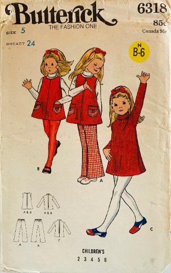 Toddler Girl Sleeveless Jumper Dress Tent Top Flared Pants Long Sleeve Dresses Vintage Sewing Pattern Butterick 6318 Size 5