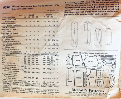 60s Casual Separates Capris Cropped Pants Fitted Skirt Sleeveless Pullover Top Easy Wardrobe Petite Vintage Sewing Pattern McCalls 6334 B32
