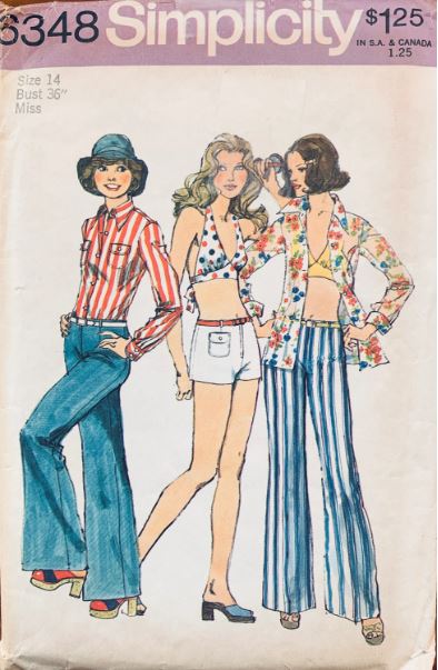 70s Low Rise Hip Hugger Jeans Wide Leg Pants Hot Pants Shorts Bra Top Button Front Shirt Vintage Sewing Pattern Simplicity 6348 B36