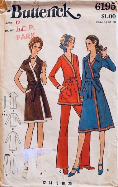 70s Wrap Dress or Top Pantsuit Straight Leg Pants Pant Suit Vintage Sewing Pattern Butterick 6195 B34