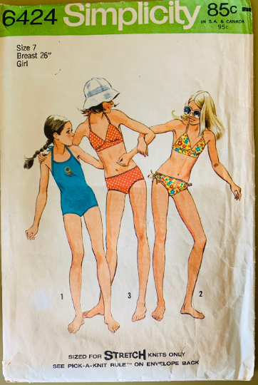 Girls One or Two Piece Bikini Swimsuit Halter Tank Swim Suit Vintage Sewing Pattern Simplicity 6424 Size 7