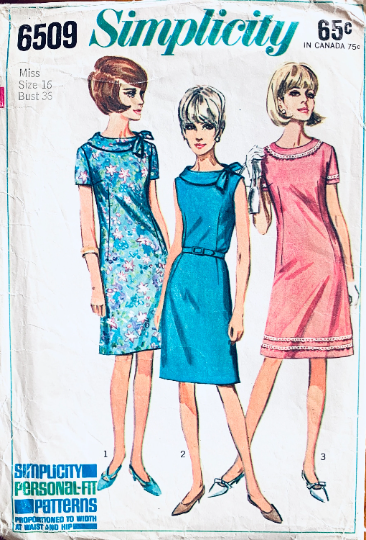 60s Roll Collar Shift Sheath Dress w/ Sleeveless or Short Sleeves Vintage Sewing Pattern Simplicity 6509 B36