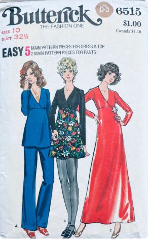 70s Empire Waist Mini or Maxi Dress Surplice Bodice Top Pantsuit Straight Leg Pants Easy Knit Fabric Vintage Petite Sewing Pattern Butterick  6515 B32