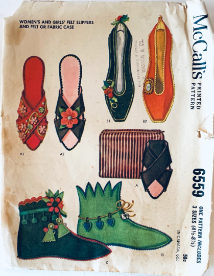 60s Whimsical Pixie Slippers Felt Ankle Boots Shoes Boudoir Slipper Vintage Sewing Pattern McCalls 6559
