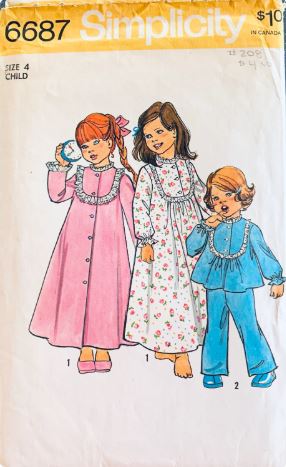 Toddler Girls Kids Ruffled Two Piece Pajamas Summer Pajama Set Long Winter PJs Nightgown Sleepwear Vintage Sewing Pattern Bathrobe Robe Simplicity 6887 Size 4