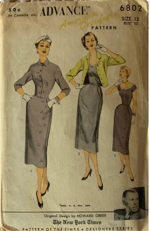 50s Fitted Sheath Dress Womens Suit w/ Matching Jacket Designer HOWARD GREER Vintage Petite Sewing Pattern Advance 6802 B30