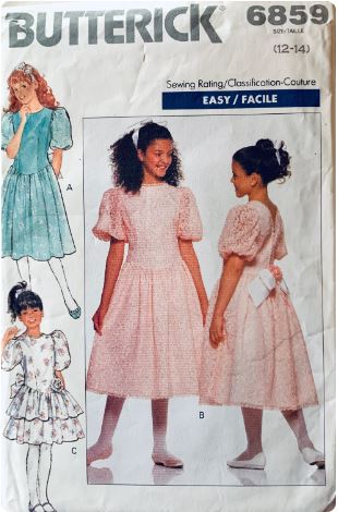 80s Girls Drop Waist Fancy Party Ruffled Tea Length Dress Flower Girl Vintage Sewing Pattern Simplicity 6859 12 14