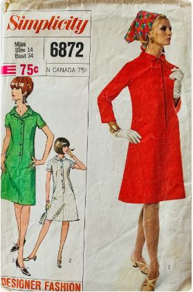 60s Womens A Line Coat Dress Coatdress Knee Length Dresses w/ Sleeve Options Designer Fashion Vintage Sewing Pattern Simplicity  6872 34