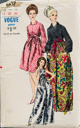 60s Empire Waist Maxi Dress Evening Gown Shirtwaist Babydoll Dress w/ Pockets Petite Vintage Sewing Pattern Vogue 6927 B32