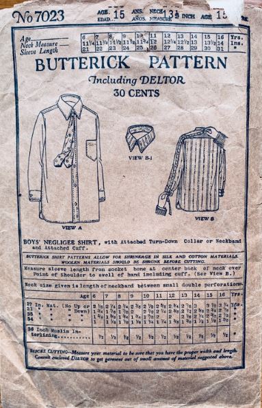 1920s Boys Mens Shirt w/ Detachable Collar Vintage Wounded Bird Sewing Pattern Butterick 7023 Collar 13 1/2