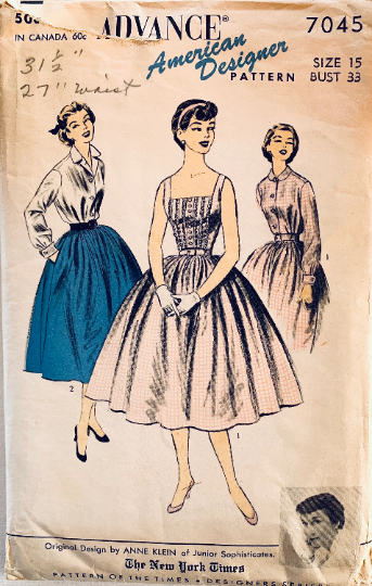 50s Pintuck Camisole Top Blouse & Full Skirt Two Piece Dress Designer Anne Klein Vintage Sewing Pattern Advance 7045 B33