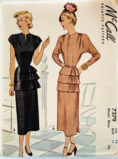 40s Ladies Cap Sleeve Afternoon Dress w/ Amazing Tiered Hip Swag Scoop Neckline Gathered Shoulders Vintage Sewing Pattern McCall 7379 B34 Active