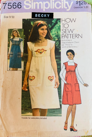 70s Easy Jumper Dress Petite Sewing Pattern w/ Embroidery Trim Simplicity 7566 B30
